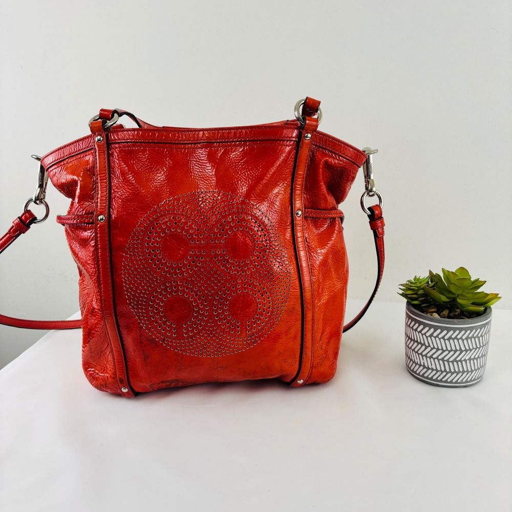 Coach Audrey OP Art‎ Coral Peach Patent Leather Tote Shoulder Handbag 19571
